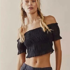 FP One Free People Black Off-Shoulder Smocked Top